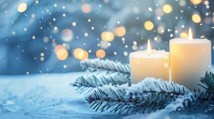 Candles and Pine Branches in a Winter Wonderland