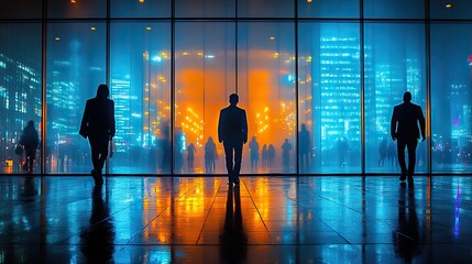 Fototapeta premium A scene of business people walking at night in an office setting, capturing the essence of tech-driven late work environments.