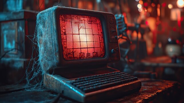 A scene of an old computer with cobwebs and an idle screen, reflecting the passage of time in technology.