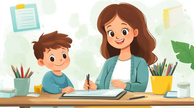 A mother and son are drawing together at a desk. They are both smiling and seem to be enjoying themselves. There are art supplies on the desk.