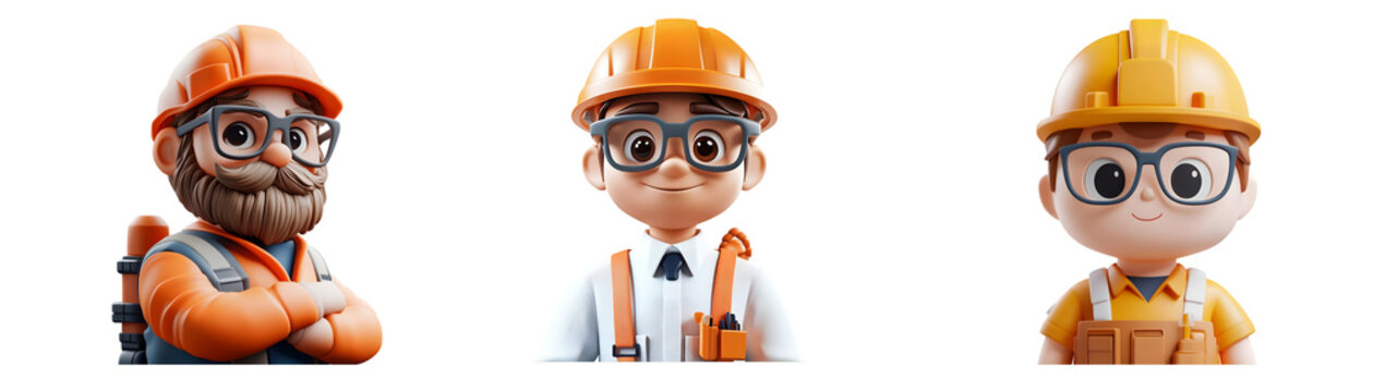 Three animated male characters in safety gear, showcasing diverse construction roles and cheerful expressions.