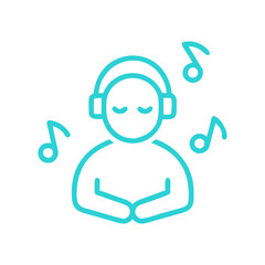 Vector icon of a person enjoying relaxing music with headphones and musical notes in turquoise color on a clean background
