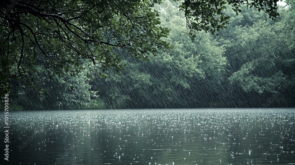 Poster rain falling on a lake with a tree branch in the foreground.