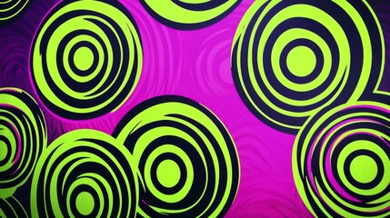 A lively and vibrant abstract design showcasing bright green spirals scattered across a pink and purple backdrop. The energetic and hypnotic layout brings a bold pop of color, perfect for eye-catching