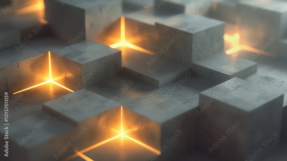 Poster a futuristic 3d render showcasing glowing cubes embedded in a textured concrete surface. the cubes e