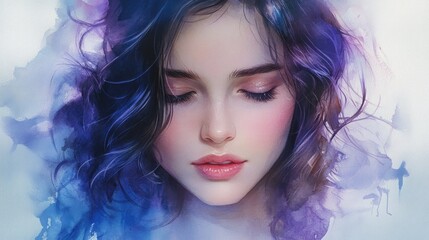 Fototapeta premium A beautiful woman with her eyes closed, surrounded by purple and blue watercolor.