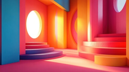 Fototapeta premium a painting of a room with stairs and bright colors