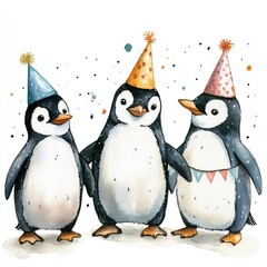 Whimsical Watercolor Penguins in Party Hats