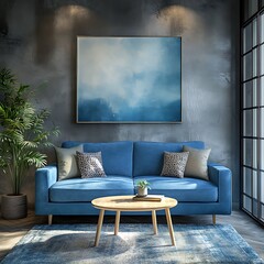 Serene Living Room:  A contemporary living room with a blue sofa, wooden coffee table, and a large abstract painting on the wall evokes a sense of tranquility and modern elegance.  