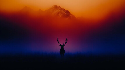 A silhouette of a deer stands tall against a vibrant sunset in a mountainous landscape.