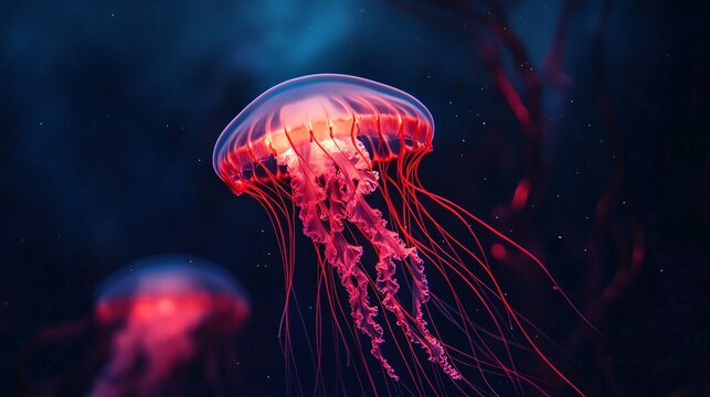 Glowing Atolla Jellyfish Pulsating with Red Light