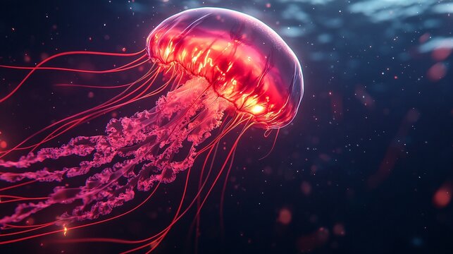 Glowing Atolla Jellyfish Pulsating with Red Light