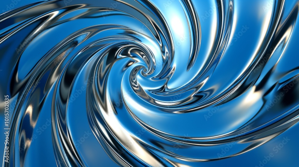 Poster a dynamic swirl of metallic forms creating a mesmerizing spiral pattern on a glossy blue surface. th