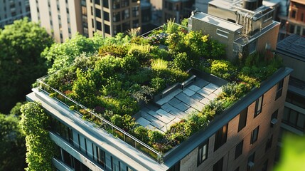 Rooftop garden with a patio area on a multi-story building.