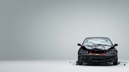 A compact vehicle's front end is heavily damaged, displaying shattered glass and a crumpled hood, highlighting the severe impact from a crash against a neutral background