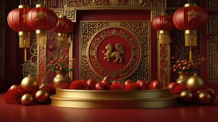 A 3D rendered Chinese New Year scene with red and gold decorations, lanterns, and a golden podium.