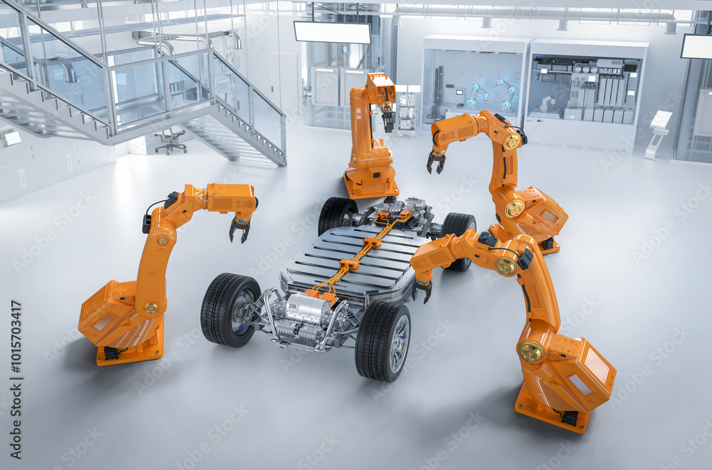 Poster robot assembly line with electric car battery cells module on platform