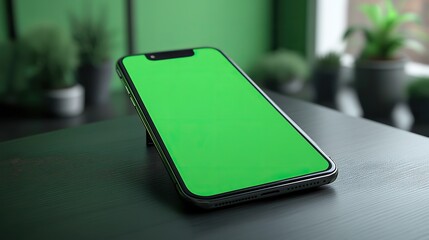 A smartphone mockup of an iPhone with a green screen, illustrating technology design for business and marketing visuals.