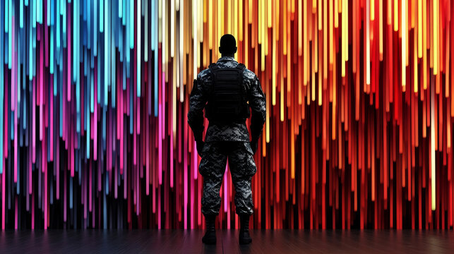 A soldier stands in front of a wall of colorful lines, looking away from the viewer.  The vivid colors of the lines create a striking contrast against the dark silhouette of the soldier