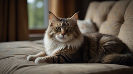 A tabby cat with green eyes sits on a couch, looking directly at the camera.