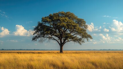 Fototapeta premium A solitary tree stands tall in the savannah plains, endangered by oil drilling companies encroaching on this natural paradise.