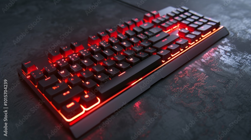 Poster a mechanical gaming keyboard highlighted by red led backlighting. the image captures the sleek desig