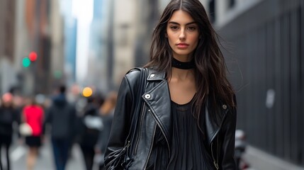 Fototapeta premium 60. A chic combination of a leather jacket and a flowy dress