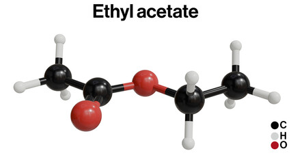 3D Illustration of Ethyl Acetate Chemical Structure: Detailed Molecular Model in White Background