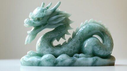 A carved jade dragon sculpture with intricate details and texture.