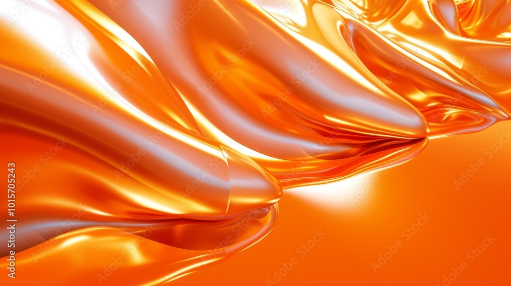 Poster a dynamic abstract piece showcasing fluid orange and silver metallic waves that appear to flow and r