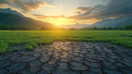 A striking image contrasts a lush green landscape with a flooded, barren one, powerfully illustrating the extreme impacts of climate change.