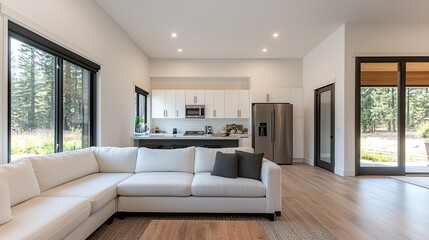 A modern living room featuring a spacious sectional sofa, large windows, a sleek kitchen, and hardwood flooring, creating a bright and inviting atmosphere.