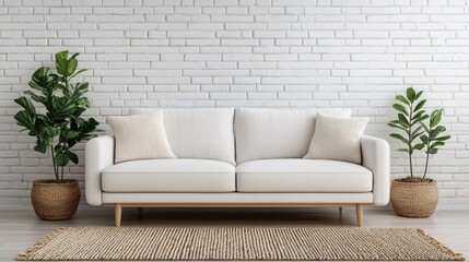 A modern living room featuring a stylish white sofa, decorative cushions, and green plants against a textured white brick wall.