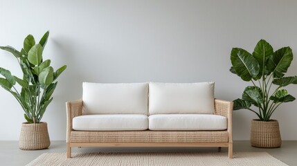 A modern, minimalist sofa surrounded by lush plants in a serene, light-filled room, emphasizing comfort and natural aesthetics.