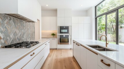 Fototapeta premium A modern kitchen with white cabinetry, a sleek design, large windows for natural light, and stylish fixtures.