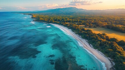 Obraz premium A stunning aerial panorama reveals the coastline with sandy beaches and turquoise waters, representing the beauty of coastal landscapes.
