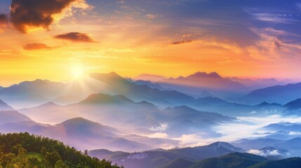 Mountain Ranges with Misty Sunrise