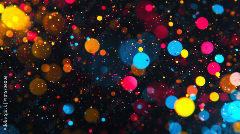 Poster a lively abstract image showcasing vibrant bokeh dots in a variety of colors floating against a dark