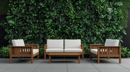 A stylish outdoor seating arrangement featuring wooden furniture against a lush green wall, perfect for relaxation and gatherings.