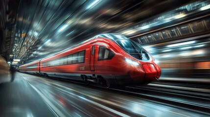 Fototapeta premium Speeding Red Train in Motion Blurred Urban Tunnel