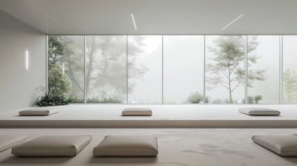 Minimalist Meditation Room with Foggy View