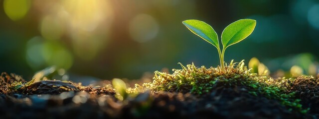 a small green plant sprouts from the ground