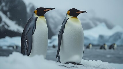 Fototapeta premium A stunning view of king penguins near harbor Antarctica, surrounded by ice and the stark beauty of their frozen habitat.