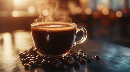 Celebrate International Day of Coffee with a real picture showcasing a steaming cup of freshly brewed coffee, surrounded by coffee beans and a cozy cafe ambiance