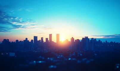 Fototapeta premium Silhouetted city skyline with modern towers, backlit by a vibrant blue sky at dusk, creating a dramatic contrast, leaving space for customizable text