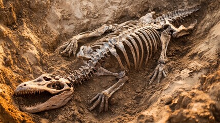 Fototapeta premium Ancient dinosaur skeleton: Fossilized remains partially buried in the earth, discovered during an archaeological dig