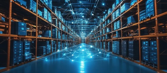 A warehouse with rows of shelves filled with boxes, connected by a network of glowing lines.