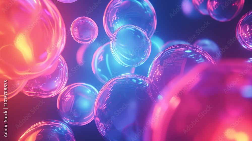 Poster floating neon bubbles in shades of blue and pink shimmer against a dark background. the luminescent 