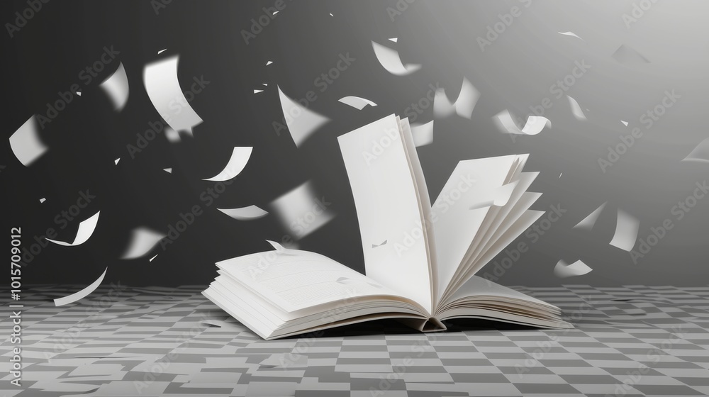 Poster a 3d rendering of an open book with flying pages, set against a dark background. the dynamic movemen