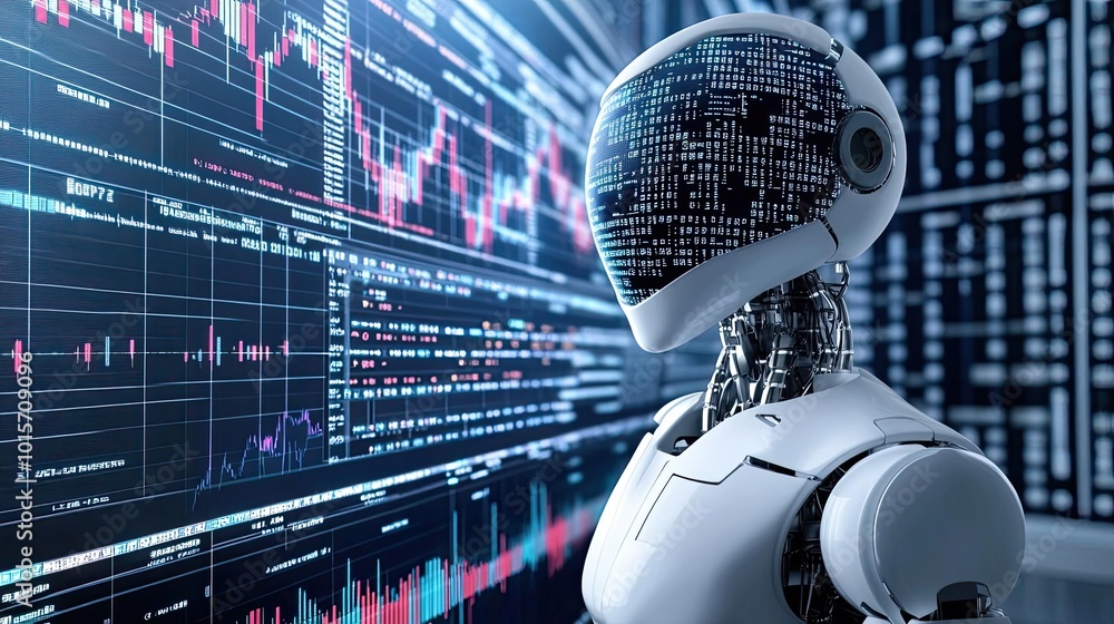 Poster Futuristic robot analyzing financial data in a high-tech environment, illustrating the intersection of technology and finance.